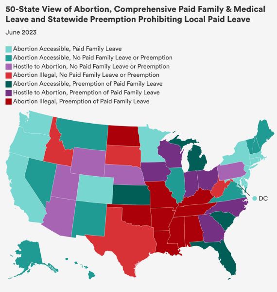 A U.S. map color coded by abortion access and paid family leave policies